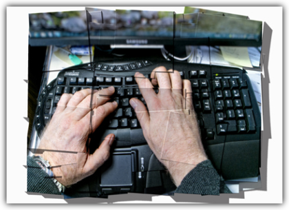 The image consists of nine individual images and depicts two hands typing on a keyboard, along with the bottom edge of a screen. When you hover over it, a brief description appears: Formulate - Translate your concepts into target group-oriented communication measures and a concrete communication plan, including publications, meetings, and events. Ensure effective communication.<br />©memephoto