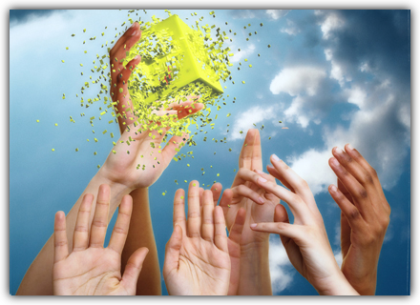The image shows six hands reaching for a cube that is spraying particles. When you hover over it, the short description appears: Accept – Promote effective and smooth implementation through motivational measures and commitment management.<br />©Robert Kneschke, ©memephoto