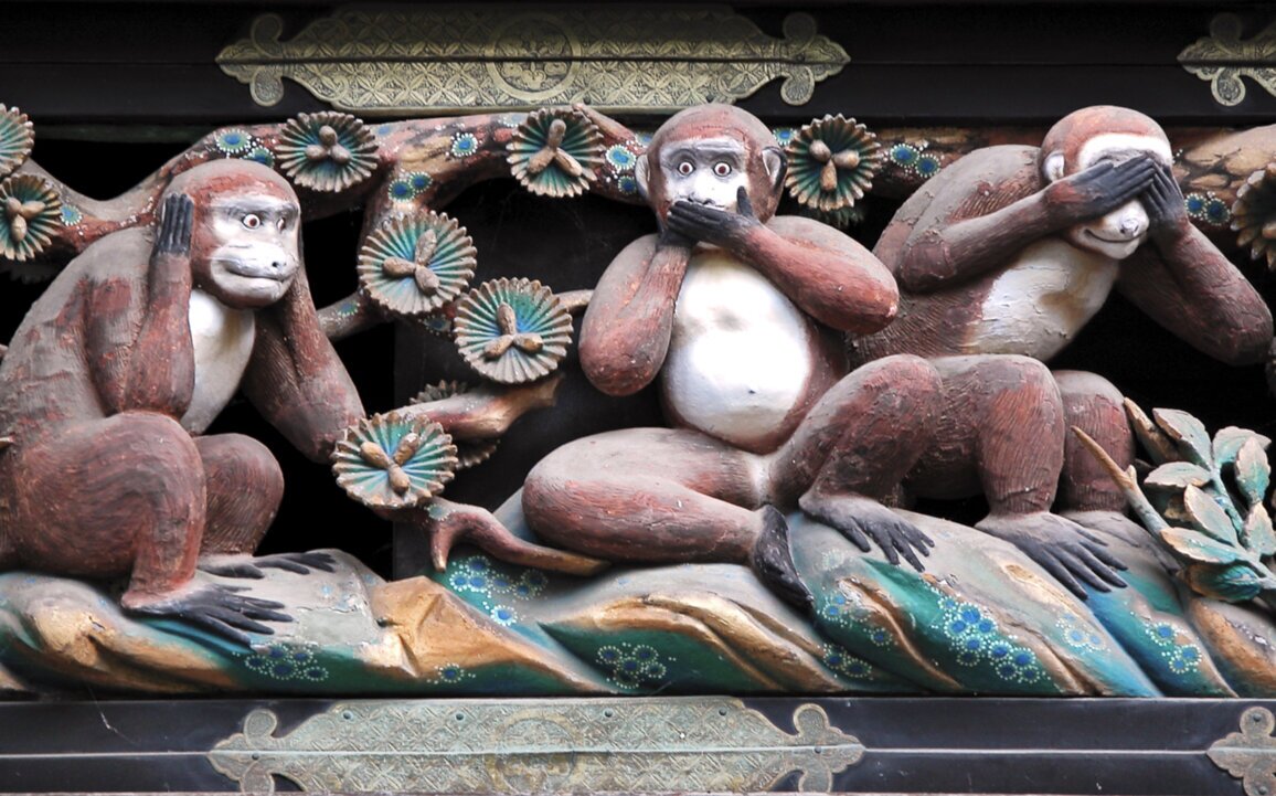 The photo shows the famous three Japanese monkeys – one covering its mouth, one covering its ears, and one covering its eyes.<br />©memephoto