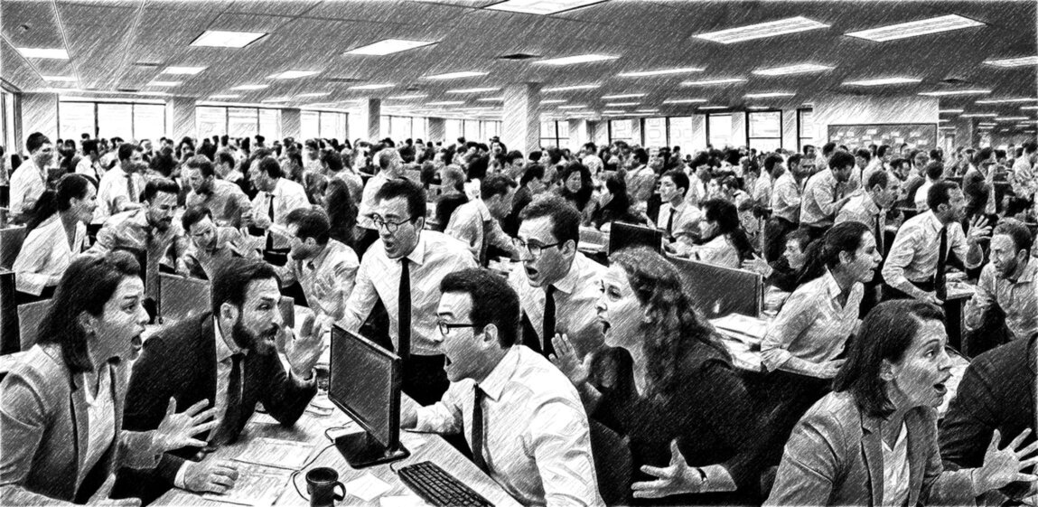 The graphic depicts an office floor crowded with numerous people conversing with one another.<br />©memephoto