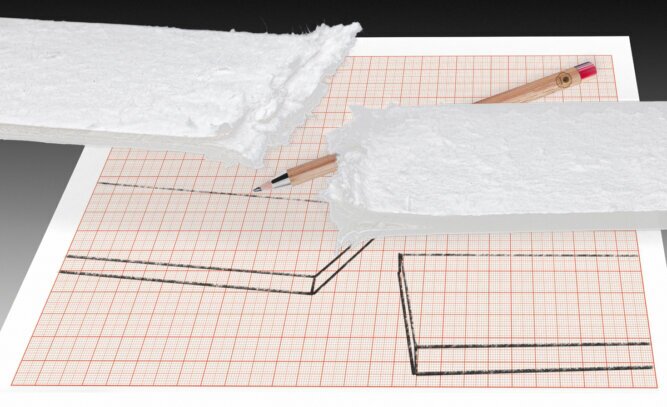 The photo shows a sketch of a broken part on graph paper with a pencil, with the broken part floating above it.<br />©memephoto