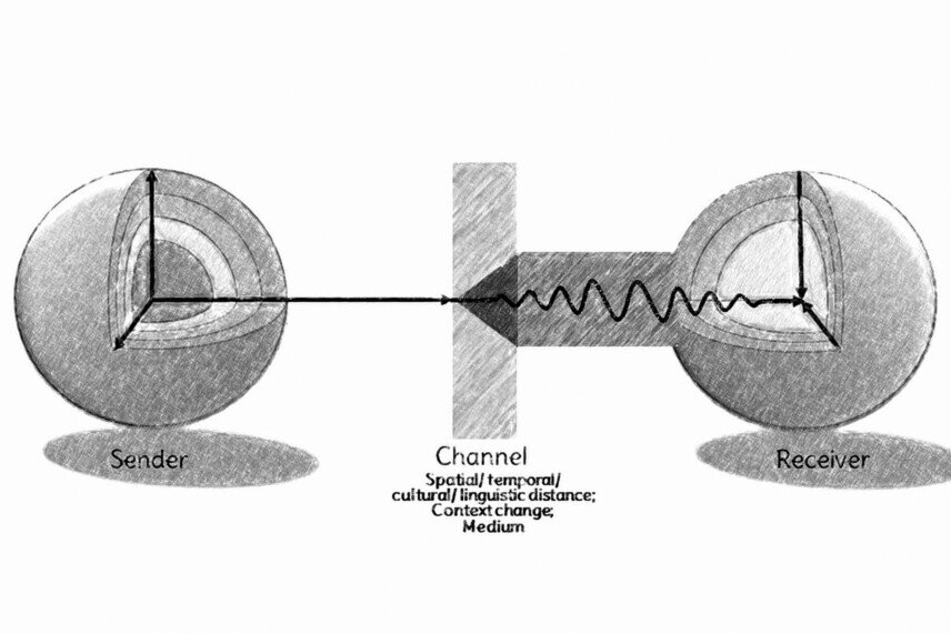 Communication model The graphic consists of two 3D spheres: the sender on the left and the receiver on the right. Both are connected by a line that is distorted into a zigzag line by a rectangle, the channel, when it reaches the receiver.<br />©memephoto