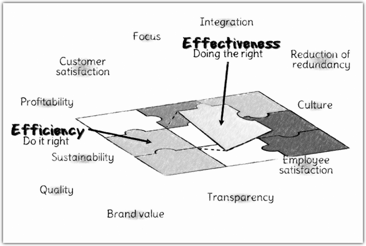 A 3D puzzle surface contains building blocks of effectiveness (doing the right thing) and efficiency (doing it right).<br />©memephoto