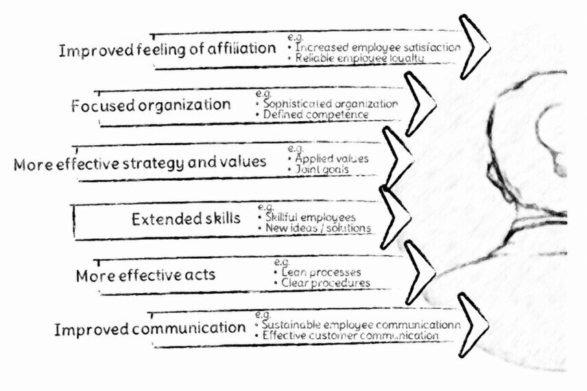 Six arrows point from the left to a person, illustrating the benefits of a soft approach: improved sense of belonging, focused organization, more effective strategy and values, expanded skills, more effective action, and improved communication.<br />©memephoto