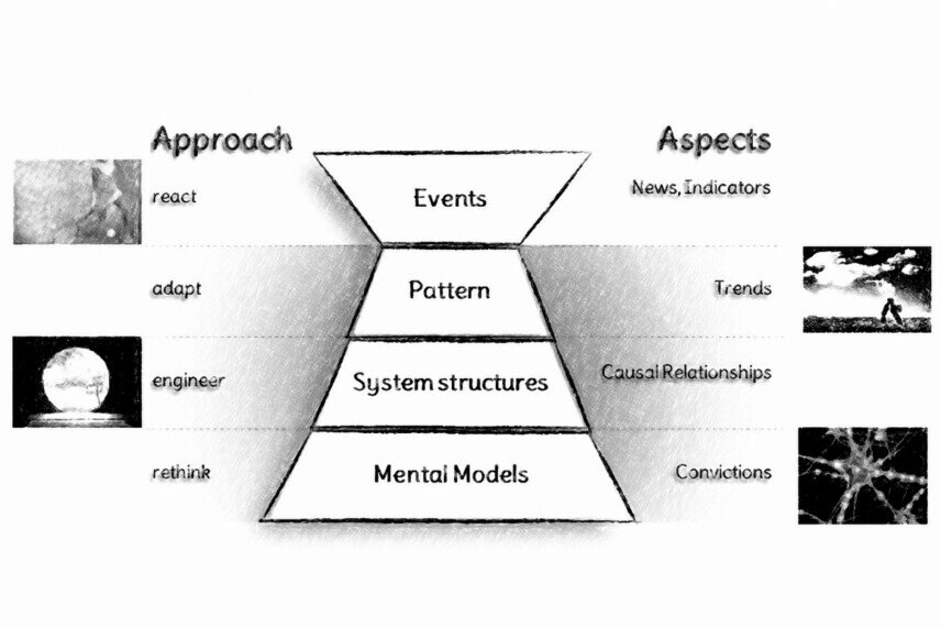 System levels System levels<br />The graphic consists of four levels: from top to bottom, event, pattern, system structures, and mental models. The approach is described on the left: react, adapt, develop, and rethink. On the right are aspects: news/indicators, trends, causal relationships, and beliefs.<br />©memephoto