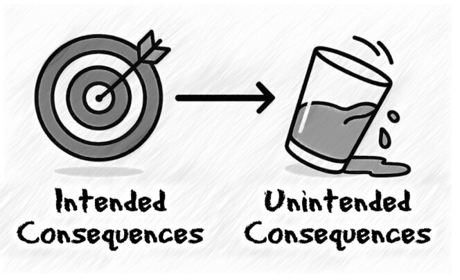 The graphic depicts a target on the left for intended consequences and a falling water glass overflowing on the right, representing unintended consequences.<br />©memephoto