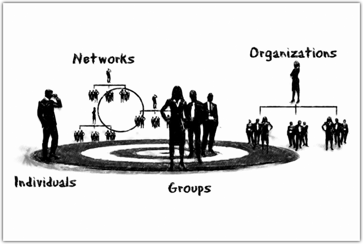 Contours of people stand on a target, representing target groups, including individuals, groups, organizations, and networks.<br />©memephoto