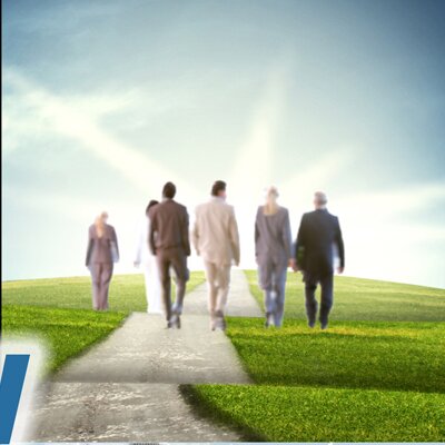 This tile depicts three men and three women walking toward the sunset in a vast, open landscape. When you hover over it, the text appears: Update your strategy, as soon as your organization takes the wrong direction. You  avoid unnecessary frustrations and costs.<br />©lassedesignen