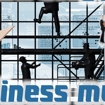 This tile shows scaffolding on which three men are moving. They are walking toward the sunset in a vast landscape. When you hover over it, the text appears: Make your business model an effective tool. Relieve co-operation and assign your resources to create  value.<br />©scusi, ©lassedesignen, ©memephoto