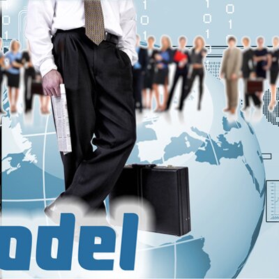This tile shows a manager in a shirt and tie, seen from the upper body, standing in front of a blurred group of people lined up in front of a globe. When you hover over it, the text appears: Describe your company change with the business model. Avoid surprises with complete and frictionless alteration  from old to new.<br />©Kurhan, ©Sergey Nivens, ©memephoto